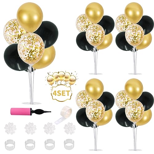 Ballonständer-Set, 4 Sets für Tischdekoration, enthält 32 Stück schwarz-goldene Latex-Konfetti-Ballons für Geburtstag, Abschlussfeier, Babyparty, Tisch-Party-Dekorationen von BEISHIDA