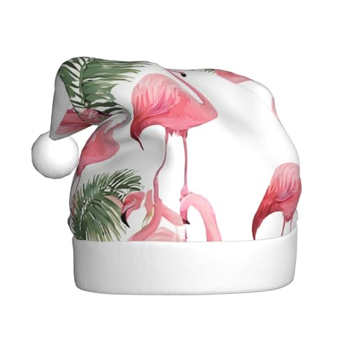 BEIVGOXL Weihnachtsmütze mit Flamingo-Blumen für Erwachsene – Samt-verdickte Weihnachtsmannmütze, Urlaubsbedarf, warme festliche Clausmütze, Unisex von BEIVGOXL