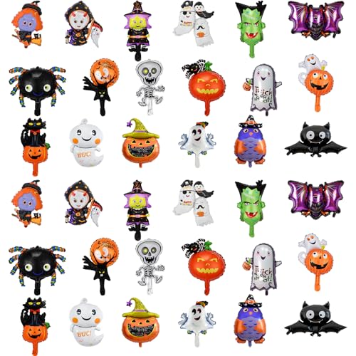 36 Stück Aluminiumfolie Halloween Ballons, Halloween Dekoration Riese Folienballons Halloween Party Ballon, Kürbis Spinne Skelett Geist Fledermaus Hexe Ballon Für Innen Und Außen Horror Deko von BEKKLPOU