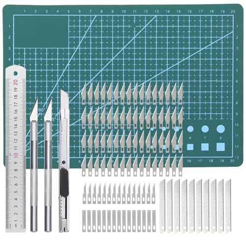 Schneidematte Set Mit 104 Stk Ersatzklingen, Basteln Zeichenunterlage Selbstheilende Bastelunterlage, Enthält Bastelmesser Und Stahllineal Für Basteln Zeichenunterlage Bastelskalpell von BEKKLPOU