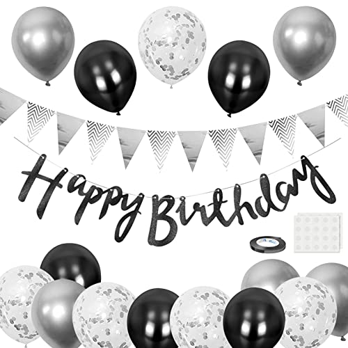 BEKOIUP Luftballons Geburtstag Dekoration, Schwarz Silber Happy Birthday Girlande deko Geburtstagsdeko Banner Party Deko Geburtstag Set mit Silber Luftballons Konfetti Ballons Dreiecksflaggen von BEKOIUP