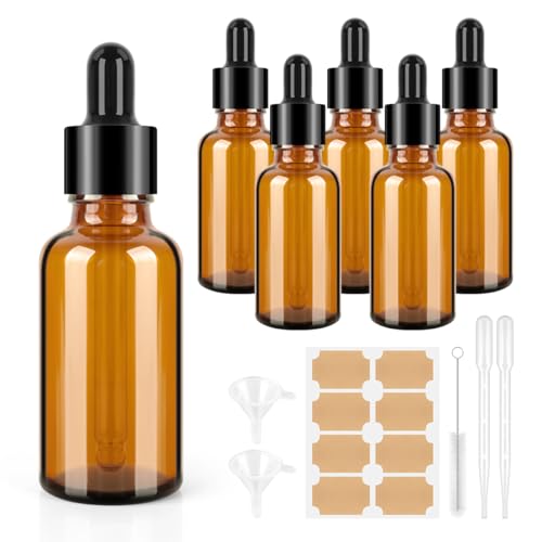 BELICOO Pipettenflasche 6Pcs 30ml Pipette Bottles Brown Glass Bottles, Braunglasflasche, Apothekerflasche mit Trichter Aufkleber und Etikett für Ätherische Öl, ParfüMöLe, Aromatherapie-Düfte von BELICOO