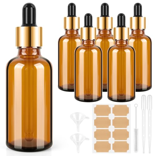 BELICOO Pipettenflasche 6Pcs 50ml Pipette Bottles Brown Glass Bottles, Braunglasflasche, Apothekerflasche mit Trichter Aufkleber und Etikett für Ätherische Öl, ParfüMöLe, Aromatherapie-Düfte von BELICOO