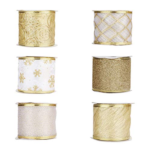 Belle Vous Dekoband Weihnachten (6 Stk) - 5,5m x 63mm Geschenkband Chiffon Gold Breit mit Draht Verschiedene Motive - Schleifenband Satinband Organza Band Bänder Geschenke, Weihnachtsdeko, Basteln von BELLE VOUS