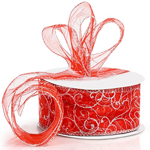 BELLE VOUS Rotes Geschenkband mit Drahtkante - 46 m Langes & 60 mm Breites Organza Band - Glitzer Rotes Band für Weihnachtsbaum- & Partydeko, Geschenkverpackungen & Bastelarbeiten von BELLE VOUS