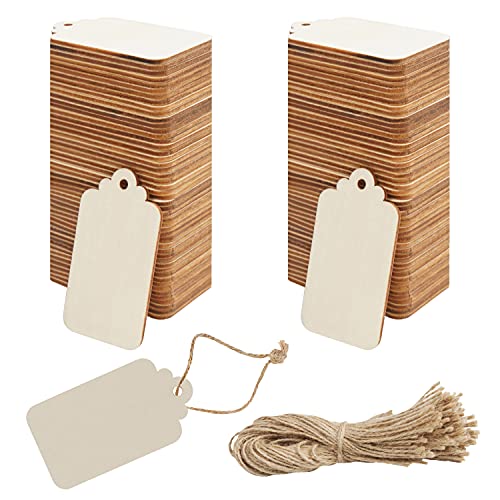 BELLE VOUS DIY Holz Etiketten Anhänger zum Basteln Natur Blanko (100 STK) 3,7 x 6,8cm Holzplättchen Rechteckig Rustikale Holz Anhänger mit Schnur als Geschenkanhänger Hochzeit & Weihnachts Holz Deko von BELLE VOUS