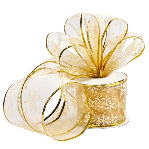 Belle Vous Organza Band Gold Weihnachten - 10mx63mm Glitzer Schneeflocken Geschenkband Chiffon Breit mit Draht – Goldenes Schleifenband Satinband Dekoband Bänder für Geschenke, Weihnachtsdeko, Basteln von BELLE VOUS