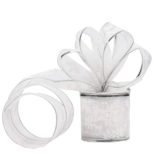 Belle Vous Organza Band Silber Weihnachten - 10mx63mm Glitzer Schneeflocken Geschenkband Chiffon Breit mit Draht – Silbernes Schleifenband Satinband Dekoband Bänder Geschenke, Weihnachtsdeko, Basteln von BELLE VOUS