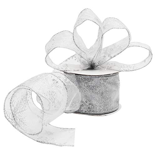 Belle Vous Organza Band Silber Weihnachten - 20m x 63mm Glitzer Schneeflocken Geschenkband Chiffon Breit mit Draht – Schleifenband Satinband Dekoband Bänder für Geschenke, Weihnachtsdeko, Basteln von BELLE VOUS