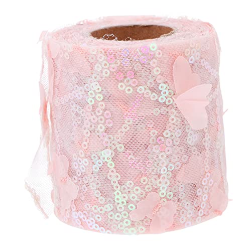 BELLIFFY 1 Rolle Tüllband Stoff Tüll Spule Spitzenband nähen Paillettenstreifen Spitzenbesatz mit Pailletten Blumenband gutl guci besticktes Paillettenband besticktes Band Polyester Rosa von BELLIFFY