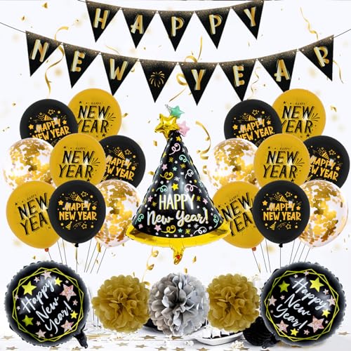 2024 Ballon Sets Neujahrsparty Dekorationsset Festliche Schwarz Goldene Wimpelkette Girlanden Zahlendekorationen Urlaubszubehör Fotokabinen Requisiten von BELOWSYALER