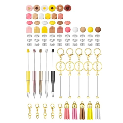 BELOWSYALER 78-teiliges Kugelschreiber-Set mit Perlen, Karabinerverschlüssen, Schlüsselanhänger, Quasten, Schule, Schreibwaren, DIY von BELOWSYALER