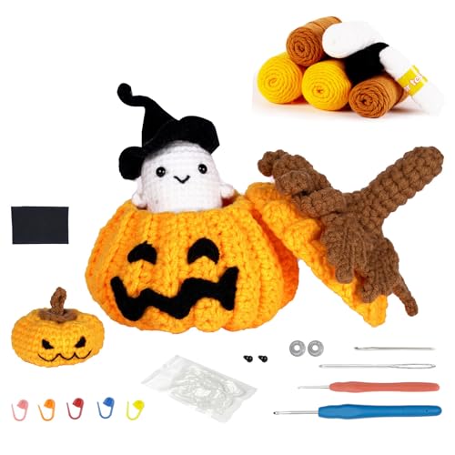 BELOWSYALER Halloween-Kürbis-Häkelset für Anfänger, mit Videoanleitung, Häkelnadel, Stricknadel, Garne von BELOWSYALER