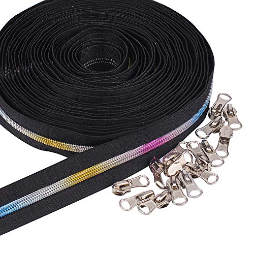 BENECREAT 10 Yards / 9 Meter # 5 Schwarze Nylon Reißverschlüsse mit Gradienten Reißverschlusszähnen, 30 teiliger Aluminium Reißverschluss Zugschieber für DIY Craft Sewing Tailor von BENECREAT