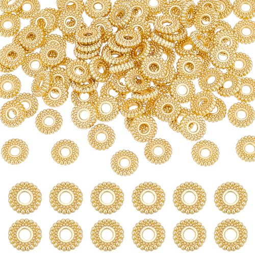 BENECREAT 100 Stück Echte 18K Vergoldete Zwischenperlen, 7.5x2mm Blumen-Metall-Abstandsperlen, Heishi Und Rondelle-Perlen Für Schmuckherstellung Und Bastelarbeiten, Bohrung: 2 mm von BENECREAT