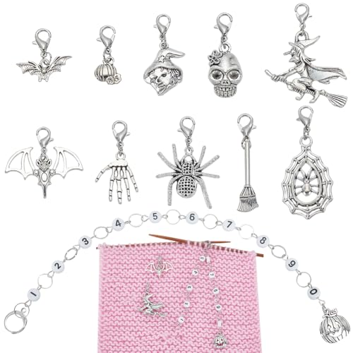 BENECREAT 11Pcs Antique Silver Stitch Marker Charms, Halloween-Thema Legierung Charme Verriegelung Masche Marker, Acryl Zahl Stricken Reihe Zähler Ketten mit Claw Clasps für Stricken Weben Nähen von BENECREAT