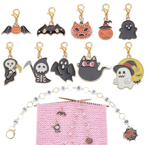 BENECREAT 11Pcs Halloween-Thema Masche Marker Charms, goldene Legierung Emaille Charme Verriegelung Masche Marker, Acryl Zahl Stricken Reihe Zähler Ketten mit Claw Clasps für Stricken Weben Nähen von BENECREAT