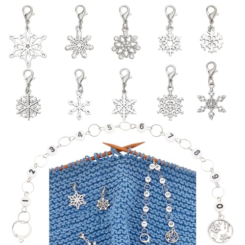 BENECREAT 11Pcs Legierung Schneeflocken Thema Charme Verriegelung Masche Marker, Acryl Zahl Stricken Reihe Zähler Ketten mit Hummer Klaue Clasps für Stricken Weben Nähen, Antik Silber & Platin von BENECREAT