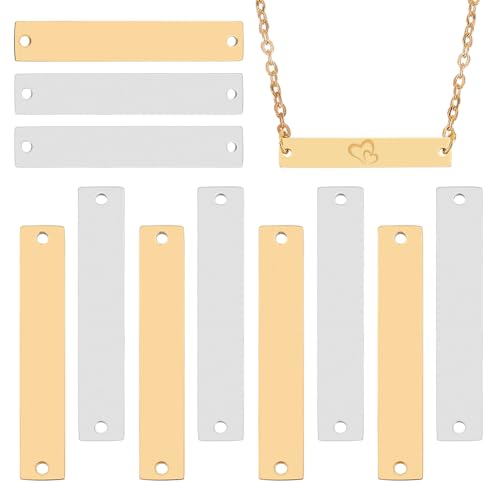 BENECREAT 12 Stück 2 Farben 304 Edelstahl-Verbindungsanhänger, 35x6mm Platin Rechteck Blanko Tags Mit Zwei Löchern Goldene Stempelrohlinge Zum Gravieren Stempeln DIY Armband Halskette von BENECREAT