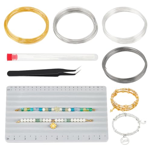 BENECREAT 120 Schlaufen 4 Farben Stahl-Memory-Draht, 0.6mm Schmuckdraht Mit Perlenwerkzeug-Set Perlenbrett-Pinzette Perlennadeln Für Armband-Bastelarbeiten, DIY-Schmuckherstellung von BENECREAT