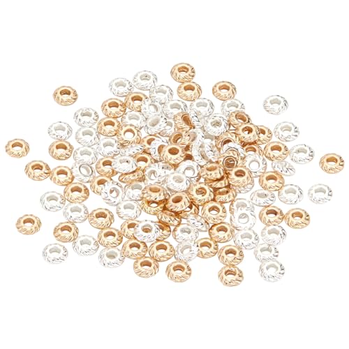 BENECREAT 120 Stück Echt 14K vergoldet Vergoldete Legierungsperlen, 3.8mm Gold Silber Strukturierte Flache Abstandsperlen, Legierung Exquisite Perlen Mit Gravur Für Schmuckherstellung, Loch: 1.2mm von BENECREAT