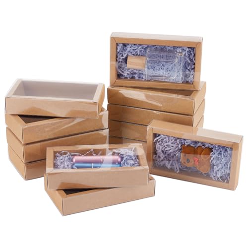 BENECREAT 12PCS Braun Kraft Geschenk Schublade Box, durchsichtigen Kunststoff Deckel Geschenk Schublade Box mit PVC-Frost Fenster für Schmuck Geschenk Verpackung Party Favours, 14x7x3cm von BENECREAT