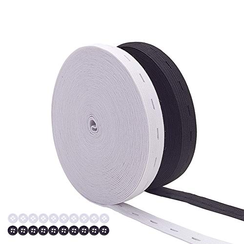 BENECREAT 15mm 18 Meter/20 Yards Elastic Stretch Band Knopfloch Strickgummiband und 20 STÜCKE Harz Knöpfe für Röcke Shorts Hosen Taille Anpassung (9m Weiß, 9m Schwarz) von BENECREAT