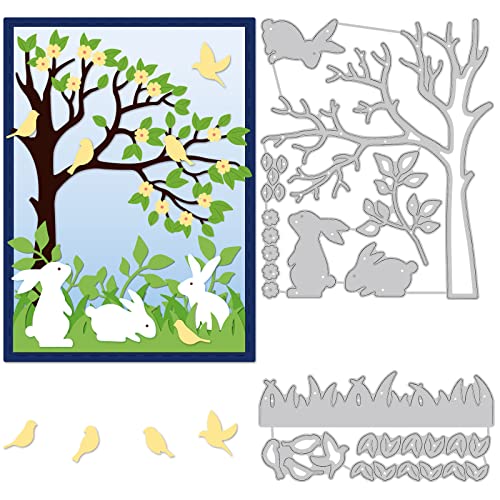 BENECREAT 2 Stile Frühling Thema Kohlenstoffstahl Stanzformen Schablonen, Kaninchen Baum Vögel Metall Prägeschablone Schnitt Schablonen für DIY Scrapbooking, Fotoalbum, dekorative Papierkarte von BENECREAT