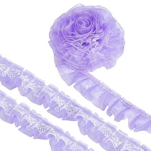 BENECREAT 20m 2 Lagiger Rüschen Spitzenplissee Besatz, 25mm Plissiertes Spitzenband Chiffon Blumenbesatz Gerafftes Band Für Hochzeitsapplikationen Kleidung Nähen Basteln Dekor, Flieder von BENECREAT