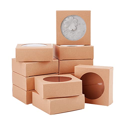 BENECREAT 24 Pack Kraftpapierboxen mit klarem Fenster 8x8x3cm Burlywood Geschenkverpackungsboxen für Schmuck Speicher Display, Hochzeit, Valentinstag von BENECREAT