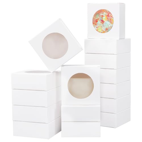 BENECREAT 24 Packungen 9.3x9.3x3.8 cm Quadratische Papierboxen Mit Rundem Fenster, Weiße Kraft-Bäckerei-Boxen Geschenkverpackungen Für Desserts, Kuchen, Süßigkeiten, Muffin, Donut, Makronen von BENECREAT