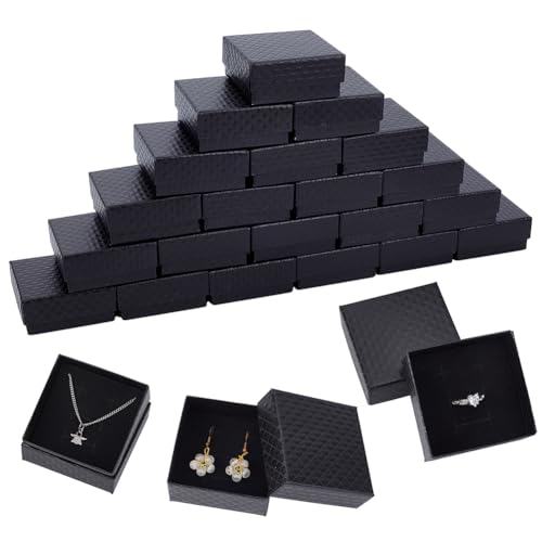 BENECREAT 24 Packungen Schmuckschatullen aus Karton mit Rautenmuster, 7x7x3cm schwarze Geschenkboxen aus Kraftpapier für Ohrringe und Halsketten mit Samtschwamm für Jubiläen, Hochzeiten, Geburtstage von BENECREAT