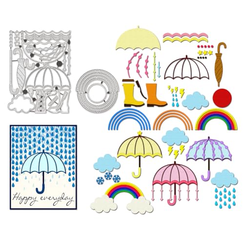 BENECREAT 2Pcs Regenzeit Szene Schneiden stirbt, Regenschirm Stiefel Regenbogen Wolken Kohlenstoffstahl Prägewerkzeug stanzt Metall Schablonen für DIY Scrapbooking, Fotoalbum, dekorative Prägung von BENECREAT