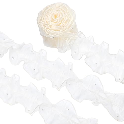 BENECREAT 4,3 Meter Perlenplissierter Organza-Spitzenbesatz, 11,9 cm breit, florales weißes Plissee-Spitzenband für Abziehbilder, Nähen, Basteln, Brauthochzeit, DIY-Dekoration von BENECREAT