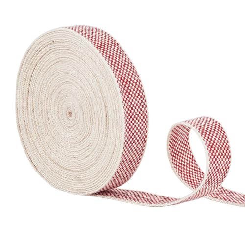 BENECREAT 4,57 m/5 Yards doppelseitiges Band aus Baumwoll-Tweed-Mischgewebe, 11mm breites rot-weißes Gurtband im Schottenmuster im Lebensmittelstil zum Nähen von Geschenkverpackungen, Basteln von BENECREAT