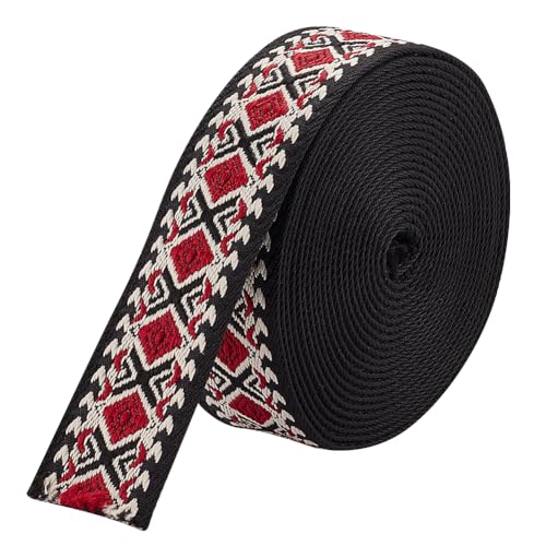 BENECREAT 5 Yard Ethnische Stickerei Polyesterbänder, 38 mm Breites Rauten-Jacquardband Vintage-Handwerk Nähen Spitzenbesatz Für Kleidung, Tasche, Stirnbänder, Kissenbezüge, Black & Red von BENECREAT