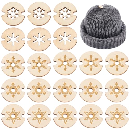 BENECREAT 50Pcs 5 Styles Snowflake hölzerne Pom Poms Buttons, 20x3mm flache runde Hut Pom Pom Halter, gestrickte Hut machen Fastener Tool handgemachte Knöpfe für Hut Pom Pom Ball Fixing von BENECREAT