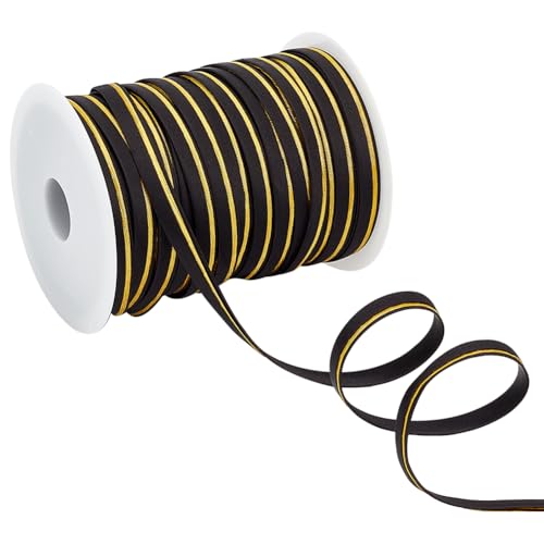 BENECREAT 50m Paspelstreifen, 9mm Schwarz & Gold Zweifarbiges Polyester Satinband zum Nähen, flaches Kordelband zur Dekoration von Kleidung von BENECREAT