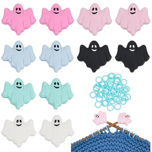 BENECREAT 62 Teiliges Strickwerkzeug Set, 12Pcs Halloween Geist Stricken Nadel Stopper Silikon Nadeln Schutz 50Pcs Hellgrüne Maschenmarkierer Ringe Zum Häkeln Zum Verriegeln von Strickzubehör von BENECREAT