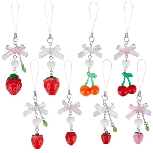 BENECREAT 8 Styles Fruit Cell Phone Strap Charms, Strawberry Cherry Anhänger Charm Bow und Love Beads Keychain Strap Phone Accessories für Autoschlüssel Handtasche Dekoration, 13cm lang von BENECREAT