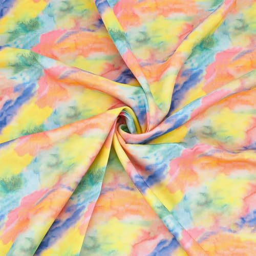 BENECREAT 91x145 cm Regenbogen-Batikstoff, Polyester-Stoff Mit Batikmusterdruck, Farbenfroher Stretch-Strickstoff Zum Nähen von Kleidung Und Kleidern von BENECREAT