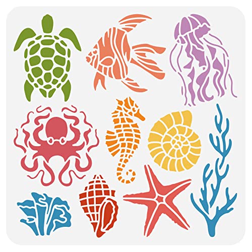 BENECREAT Sea Creatures Malschablone, Schildkröte Oktopus Qualle Conch Koralle Ozean Kreaturen Schablonen Vorlage für DIY Handwerk Scrapbook Wand Home Decor, 30,5 x 30,5 cm von BENECREAT