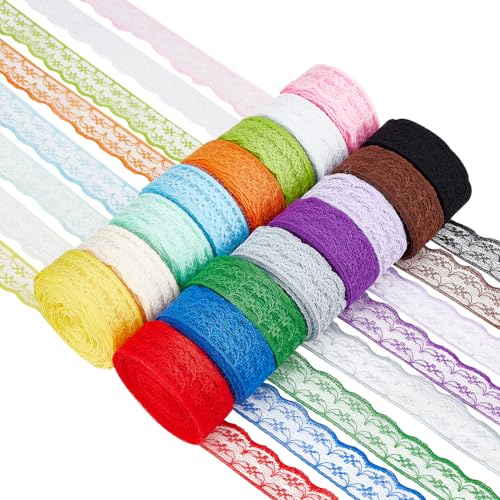 BENECREAT Spitzenband, 16 Rollen, 2,2 x 9,1 m, 16 verschiedene Farben, nicht elastisch, Blumenmuster, Spitzenborte, Spitzenband für Geschenkverpackungen, Nähprojekte, DIY von BENECREAT