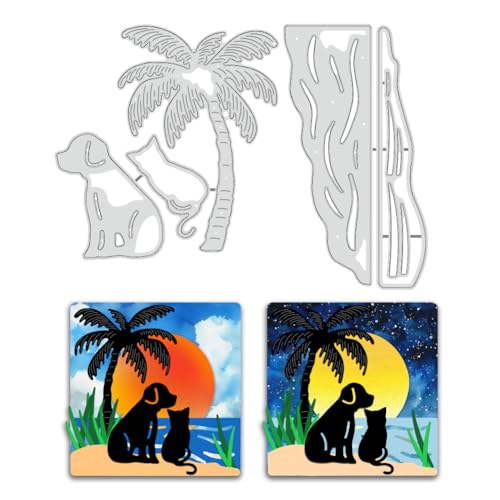 BENECREAT Stanzformen Mit Strandpalme, 2 Stück Schablonen Für Silhouetten von Hunden Und Katzen, Kokosnussbaum Dekorative Prägeschablonen Für Scrapbooking, Fotoalbum, Grußkartenherstellung von BENECREAT