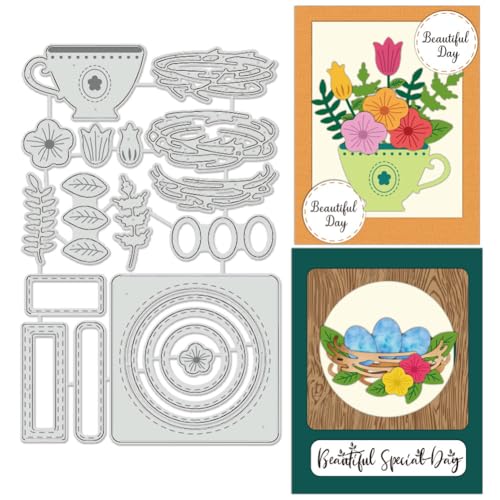 BENECREAT Vogelnest-Stanzformen, Teetasse-Blumen Einfache Bordüre Metallstanzschablonen Für DIY Scrapbooking, Dekoratives Prägepapier, Scrapbooking, Kartenherstellung, 11.2x17.2 cm von BENECREAT