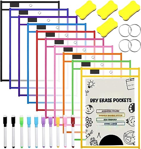 10 Stück Dry Erase Taschen, Abwischbare Durchsichtige Hüllen Reusable Dry Erase Pockets Schreibwaren Lieferungen Mehrfarbige Trocken Abwischbare Taschen für Klassenzimmer, Büro, Heimbildung von BEOIUCZZY