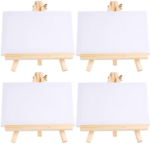 4 Stück Tischstaffelei Holz Leinwand Ständer Set, 15 x 20cm Leinwand mit 18 x 24 cm Staffelei Kleine Tischstaffelei Holz StäNder Stativ Zum Zeichnen, Tisch Deko für Hochzeit Geburtstag Taufe Party von BEOIUCZZY