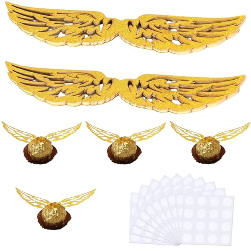 BEPSYOM 50 Stück Gold Glitter Flügel Geburtstags Kuchen Deko Goldener Schnatz Dekoration FüR Bonbons Schokolade Hexe Cupcake Topper Kinder Party Mottoparty von BEPSYOM