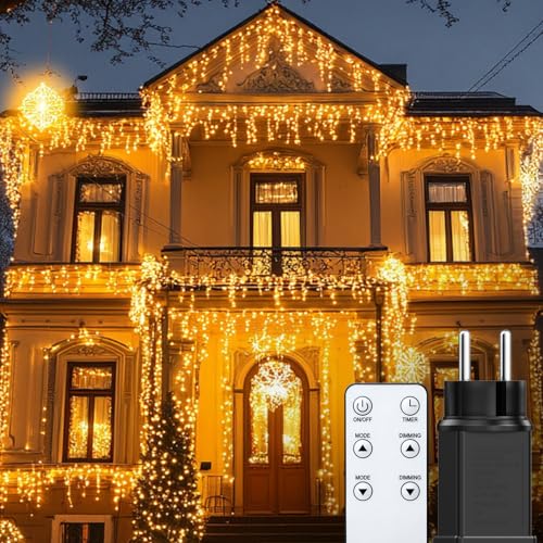 BESCOST Lichterkette Eisregen Außen, 10M 400 LEDs Lichtervorhang mit Fernbedienung und Stecker, Wasserfest 8 Modi für Außen und Innen, Outdoor Garten Balkon Hochzeit Party, Warmweiß von BESCOST