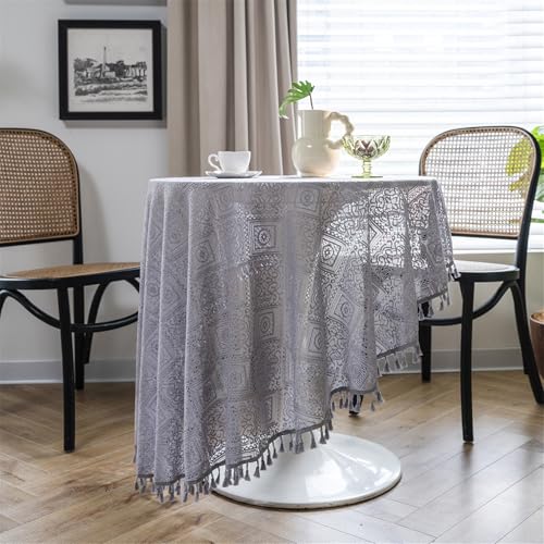 BESTORI Tablecloths for Round Tables Soft Lace Decorative Farmhouse Table Cover Stain-Resistant Easy to Clean Table Cloth for Dining, Party, Wedding, Grau, 150 x 150cm von BESTORI